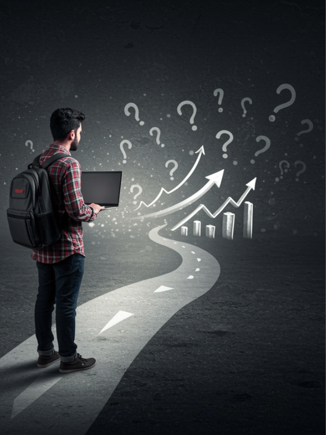 Young student facing multiple career paths with question marks, representing career confusion and long-term career decisions.
