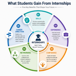 Wheel infographic showing what students gain from internships including skills, experience, confidence, networking and career direction