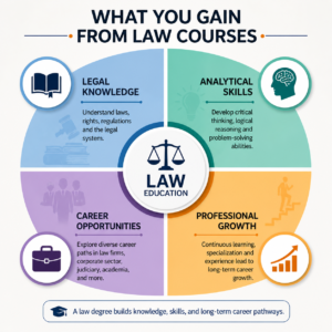 Infographic showing benefits of law courses including legal knowledge, analytical skills, career opportunities, and professional growth for law students