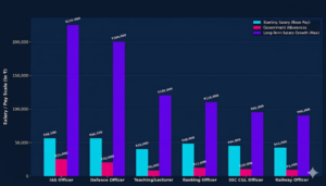 Bar graph showing government job salary comparison after BA in India 2026 for IAS, SSC CGL, banking, railway, teaching, and defence careers.