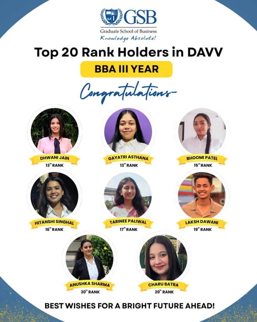 BBA 3rd year top 20 rank holders in DAVV from GSB college