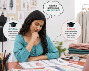 Student comparing degree vs diploma in fashion designing to choose the best fashion design career path